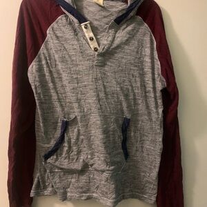 Gray and Burgundy Hooded Long Sleeve Top